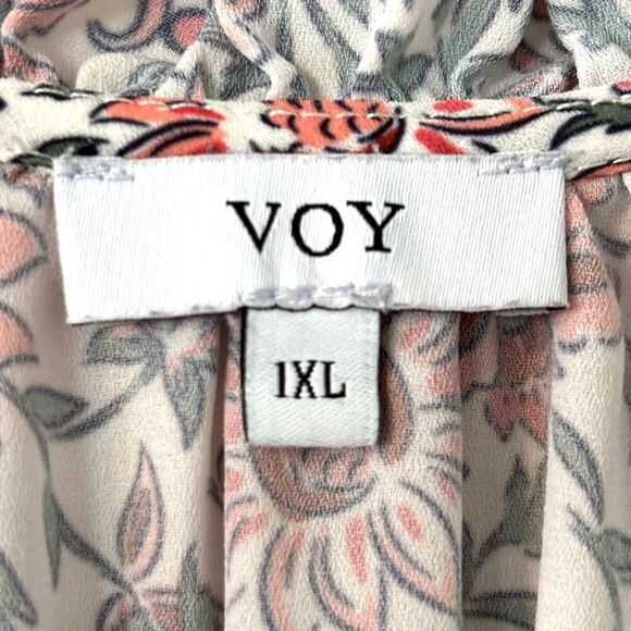 Voy 1X floral print peplum pleated cap sleeve ruffle neck blouse - Picture 9 of 10